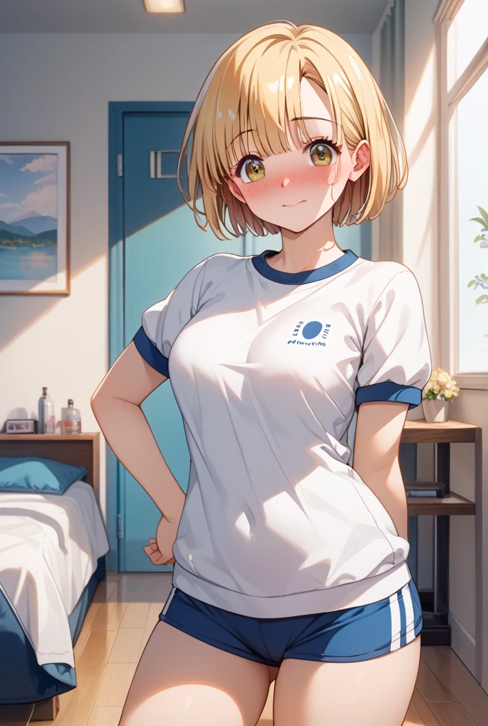 masterpiece, high quality, Nothing, Small breasts, One Girl, Are standing, Temporarily stop, Temporarily stop, Gym suit, Bloomers, Bloomers, whole body, shirt, blue eyes