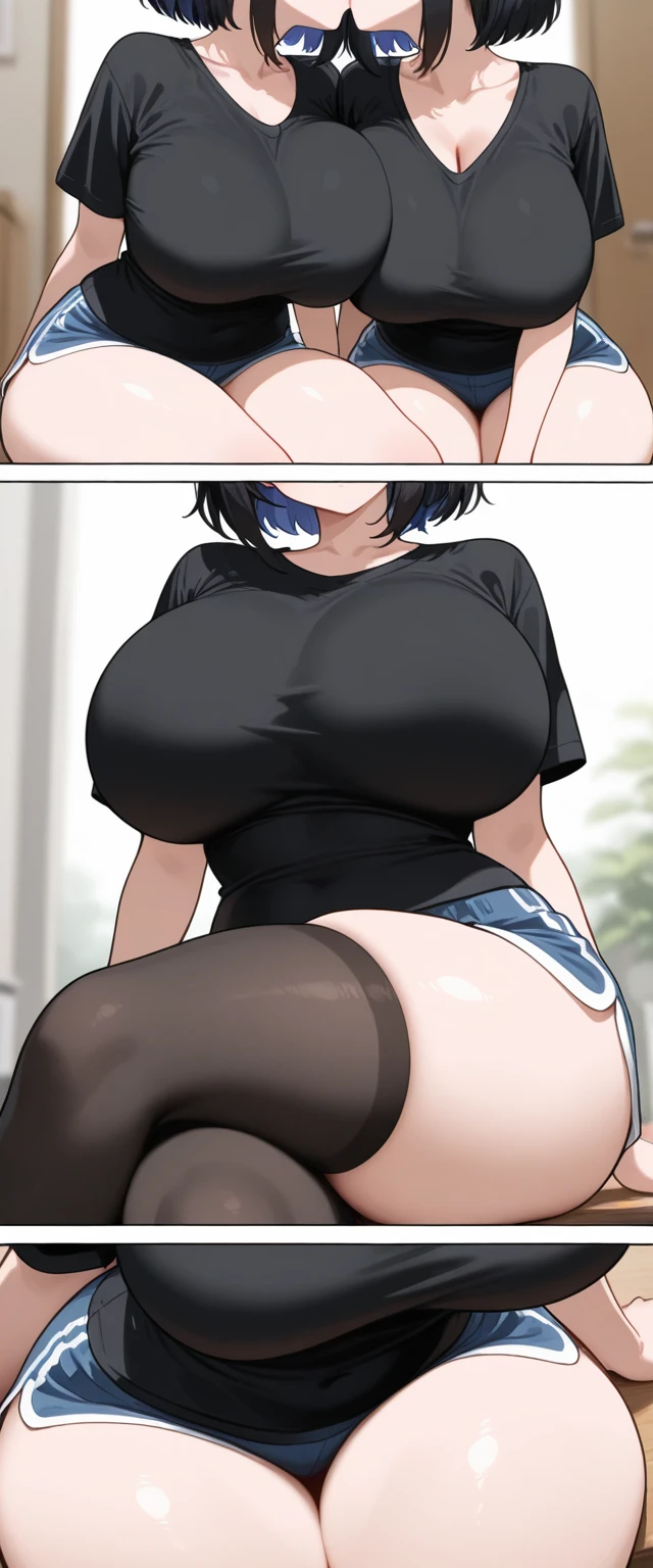 1boy, mature woman, 40yo woman, white skin, slim, gigantic breast, curvy body, black short hair, bob cut, hair between eyes, blue eyes, black bikini, micro bikini, side-tie bikini, ball bra, black knee highs, foreskin, balls, duo, couple, interracial, big dom small sub, height difference, age difference, (faceless male, young boy, smaller male, completely nude:1.2), large penis, big penis, veiny penis, score_9, handjob, penis grab, hand on another's shoulder, penis size difference, 1 penis, flaccid, precum, blush, motion lines, on red sofa, on red couch, grey background