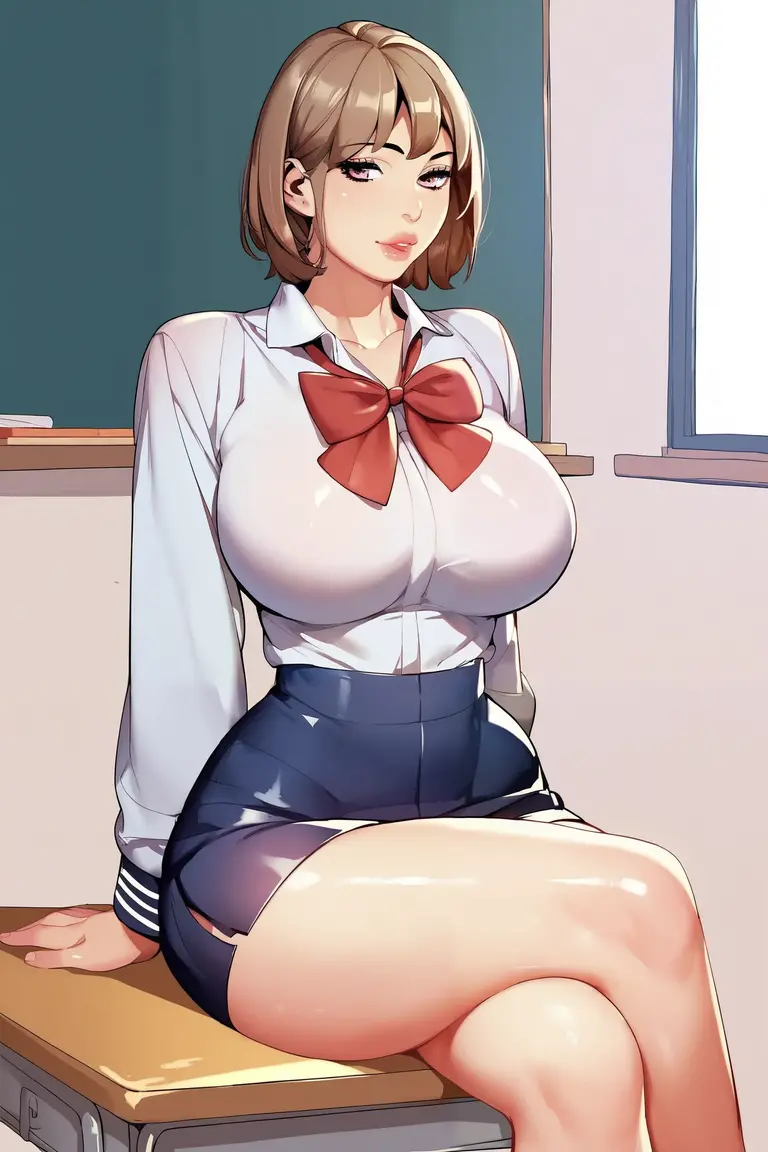 Enchanting anime girl, [ 4k digital art ]!!,Ultra-realistic painting, Art with attention to detail, 8K high quality, detailed art,Curvy Tanned Gal,(puppet,Thick lips:1.2),Dress shirt,cardigan,,Side details,Pleated skirt,Brown Loafers,Blonde Short Hair,(Dark Skik:1.3),loose socks,Sweaty,close,Crouch on the desk,In the classroom,(Blushed),