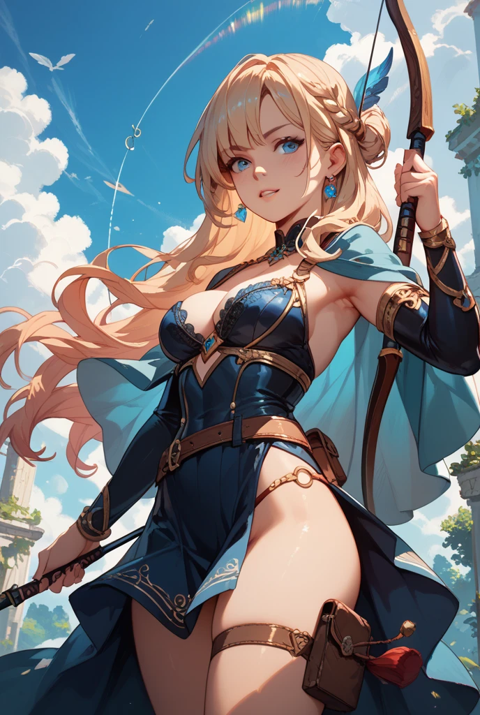 highest quality, Super detailed, (ultra high resolution,8K), Ultra-high definition 4K, (perfect anatomy, anatomically accurate), (One woman with big breasts has sexy charm), ((Holy Knight in the Shallow Water)), ((Beautiful and detailed golden armor, sheath, breastplate)), (off shoulder), ((human body as a whole)), blonde, (ponytail), (dynamic composition), High-definition facial beauty, (Beautiful blue eyes like sapphires), (open your mouth), wet body, shiny skin, (fine-textured skin,hair ), (Angle from below), (Butterflies flying around a woman), (wetland), Crystal clear and clean water, (((midnight, dark))), (Decisive pose:1.3), Thrusting the sword into shallow water, (Has a detailed beautiful sword)