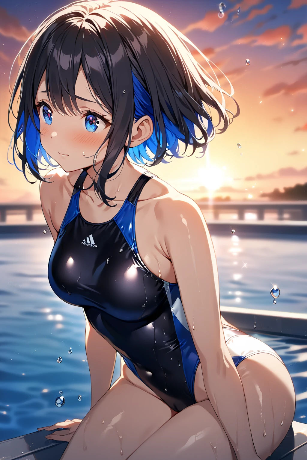 8K quality,(super masterpiece:1.3),Highest quality,Detailed Images,1 female,symmetrical beauty,10th Generation,face(Embarrassing,blush,bright red),(Light blue hair,short hair,ponytail,Big hairpins for bangs),(Thick eyebrows,Thick eyebrows),(Large Breasts,F cupの胸),Tan Skin,posture(Facing forward,place your hands on your knees,Leaning forward),(School Swimsuit),(Draw the upper body,Draw the front),background(Submerged City,Flooded station,Submerged City,A sunken ruin),(faceはカメラに対して真正面を向く,Looking directly at the viewer,looking at the camera,The body faces the viewer,The body is facing the direction of the camera,faceはカメラを真っ直ぐ見る).