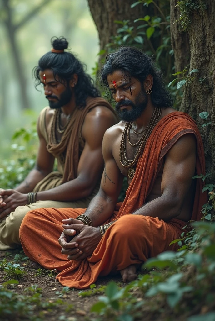 Conversation between  indian king and  sadhu  in the jungle near a cottage the sadhu wear the orenge outfit 