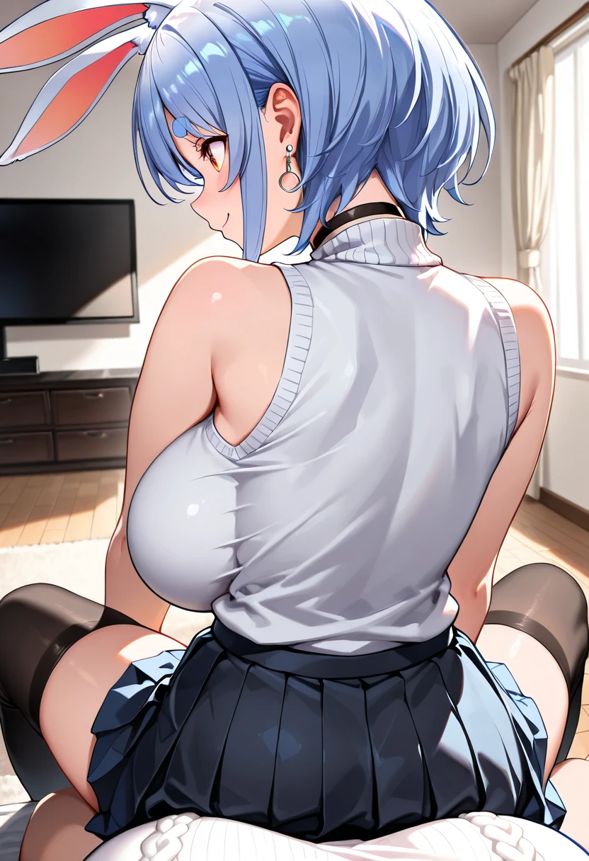 anime girl with blue hair, anime moe artstyle, rogue anime girl ayanami rei, 2 d anime style, Kantai Collection Style, the anime girl is crouching, beautiful anime girl squatting, peeing wet pussy, incontinence, Wearing a jacket with a hoodie, Well good, no panty, black pantyhose with thighs visible, Panty shot, 1 girl, blue short bob cut hair, dark brown eyes, lively, cheerful innocent, too large big emphasized breasts that show a lot of skin, boyish, cute, sporty, breasts that seem to stick out, open-chested showing off cleavage sexy clothes, risqué clothing, too short miniskirt, high beams, large erect nipples that can be seen through the clothes, The girl doesn't have animal ears, The girl has human ears, not animal ears. Wearing a hoodie with animal ears and eyes