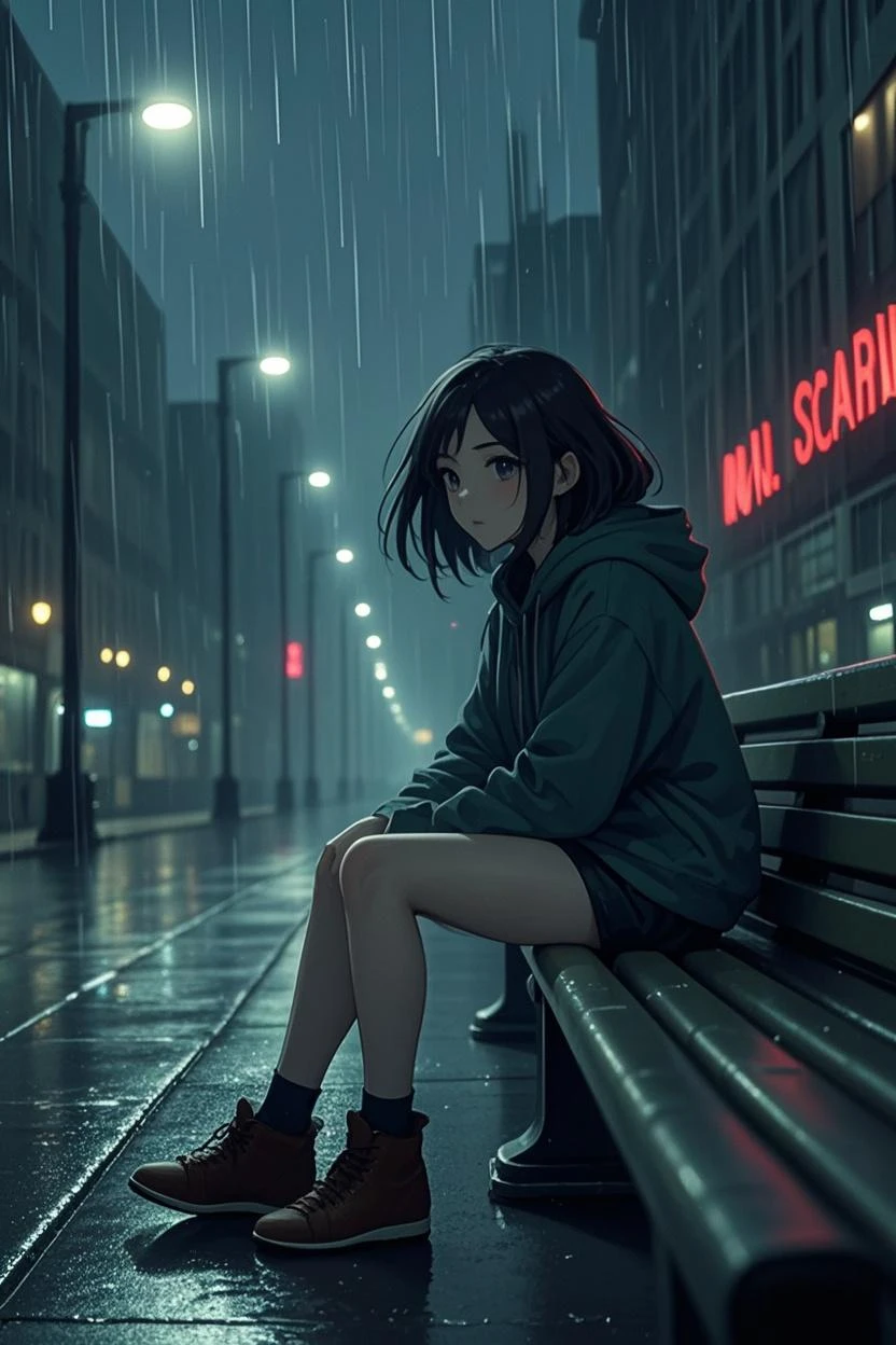 High definition photos. The sky is dark and full of dark clouds. A city full of neon signs on a dark night. There is rainwater on the city streets. An 18-year-old girl sits forlornly on her bench. The girl looks at the sky with her face lifted and her chin held high. Her hair blows in the wind. The girl is wearing her pleated skirt and her bb sneakers. A close-range shot of the girl's profile.
