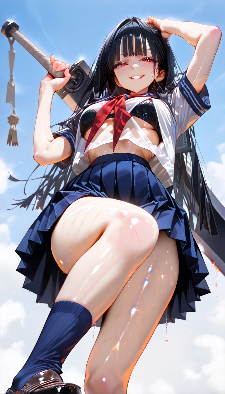 Pleated long skirt of uniform、The color is dark blue、Plain 、Skirts that flip in strong winds、Trailing behind、 The lining is visible　、White lace lining、


