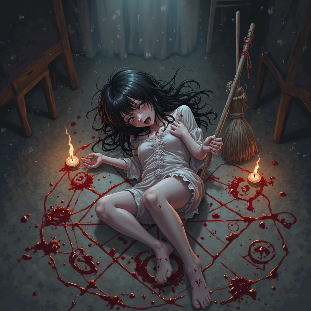 (best quality), (top quality), (dark), (whole body), (melancholy), (sadness), (agony), (terror), (horror), (dark), (black and white), (realistic photo), (real photo), (whole body) PIN UP dark doll, shattering, bloody, crying blood, being photographed in a toy box. --auto --s2