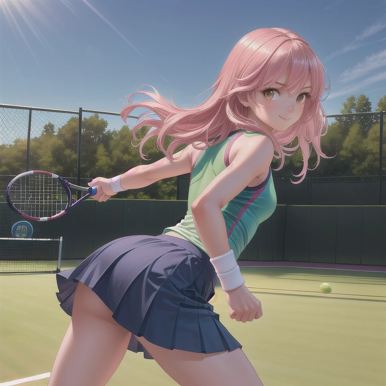 best quality, masterpiece, highres, solo, {bremerton_azurlane:0.90}, 1girl, black_panties, blush, looking_at_viewer, official_alternate_costume, two-tone_shirt, two-tone_skirt, bare_shoulders, crop_top_overhang, day, hairclip, tennis_uniform, x_hair_ornament, ass, chain-link_fence, outdoors, sleeveless_shirt, underboob, blue_sky, sweat, thighs, cloud, looking_back, from_behind, from_below, open_mouth, tennis_racket