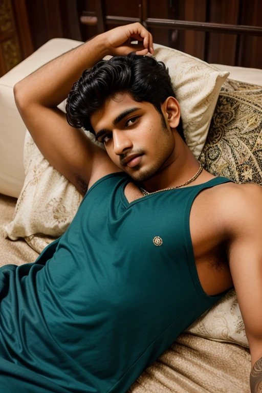 An Indian man lying down in bare pants, digital art, comic art style, hyper realistic, cinematic