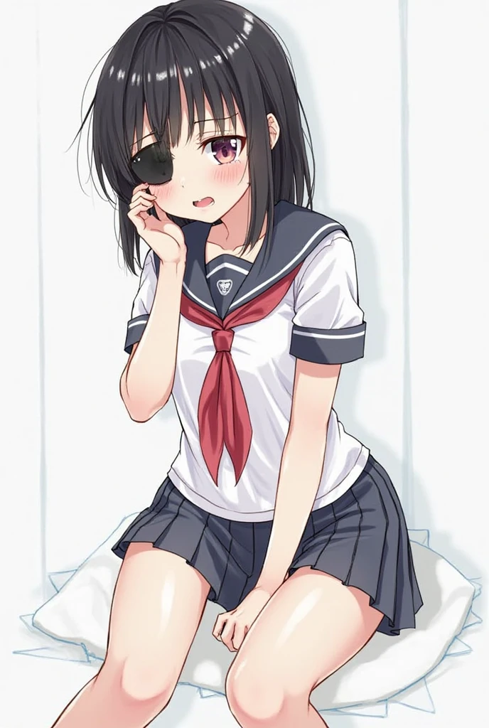 black lingerie,masterpiece, highest quality,figure,sailor suit,slanted eyes,straight hair,brown hair,side parted,super dense skin,beautiful and fine eyes,blush,short sleeve shirt,red eyes,(big breasts:1.2), (A raised and well-defined bust:1.2), (Lifted chest:1.2), (perky chest :1.2),open chest,cover one&#39;s chest with one&#39;s hands,Highly detailed black panties,sitting,high school girl, locker room,locker,cricket bat