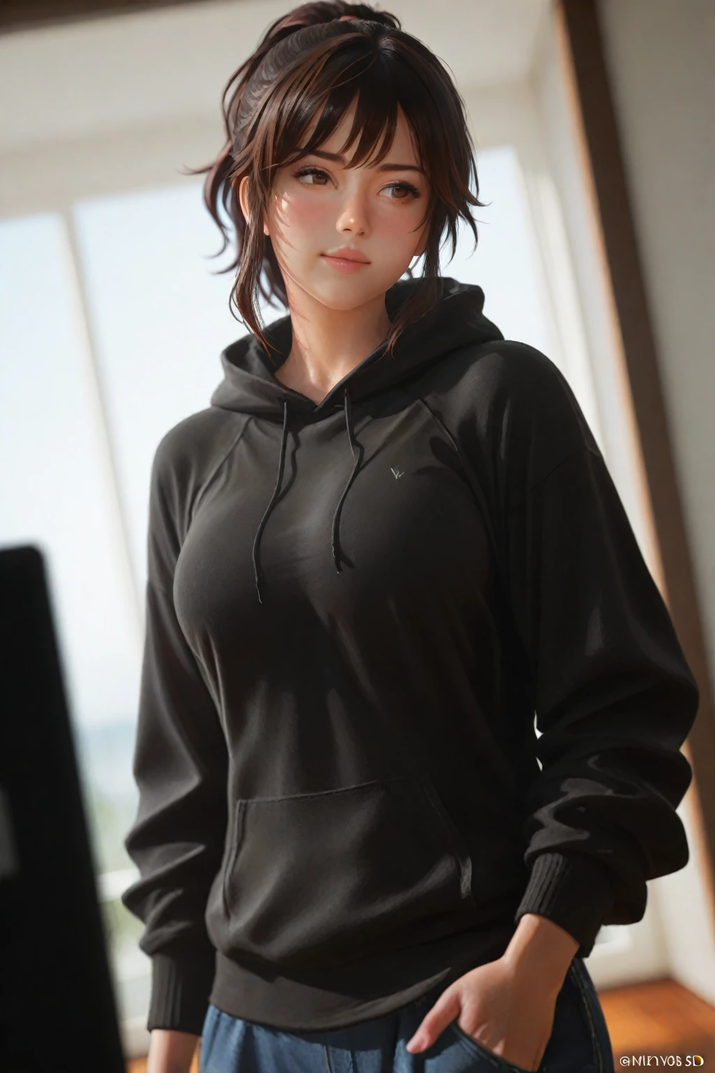 (Best Quality, Masterpiece, 8K, Ultra High Resolution, Realistic, Close-up, Photon Mapping, Teleportion, Physically Based Rendering: 1.2), (Beautiful Fine Face and Smooth Forehead and Long Black Hair and Messy Hair: 1.2), (Colored Clothes: 1.5), (Beautiful Face and Delicate Whitening of Face, Extremely Detailed 8K Color Clothes: 1.2), 1 Girl, Single, (Young), Detailed Face, Shiny Skin, Intricate Details, Look at the viewer. Wearing dry sweatshirts and tight sweatpants, the clothes and pants are partially made of elastic and breathable materials that fit the body perfectly, bringing great comfort and sports experience. Wear a pair of light sneakers. The overall dress is clean and neat, and healthy exercise adds vitality and fashion