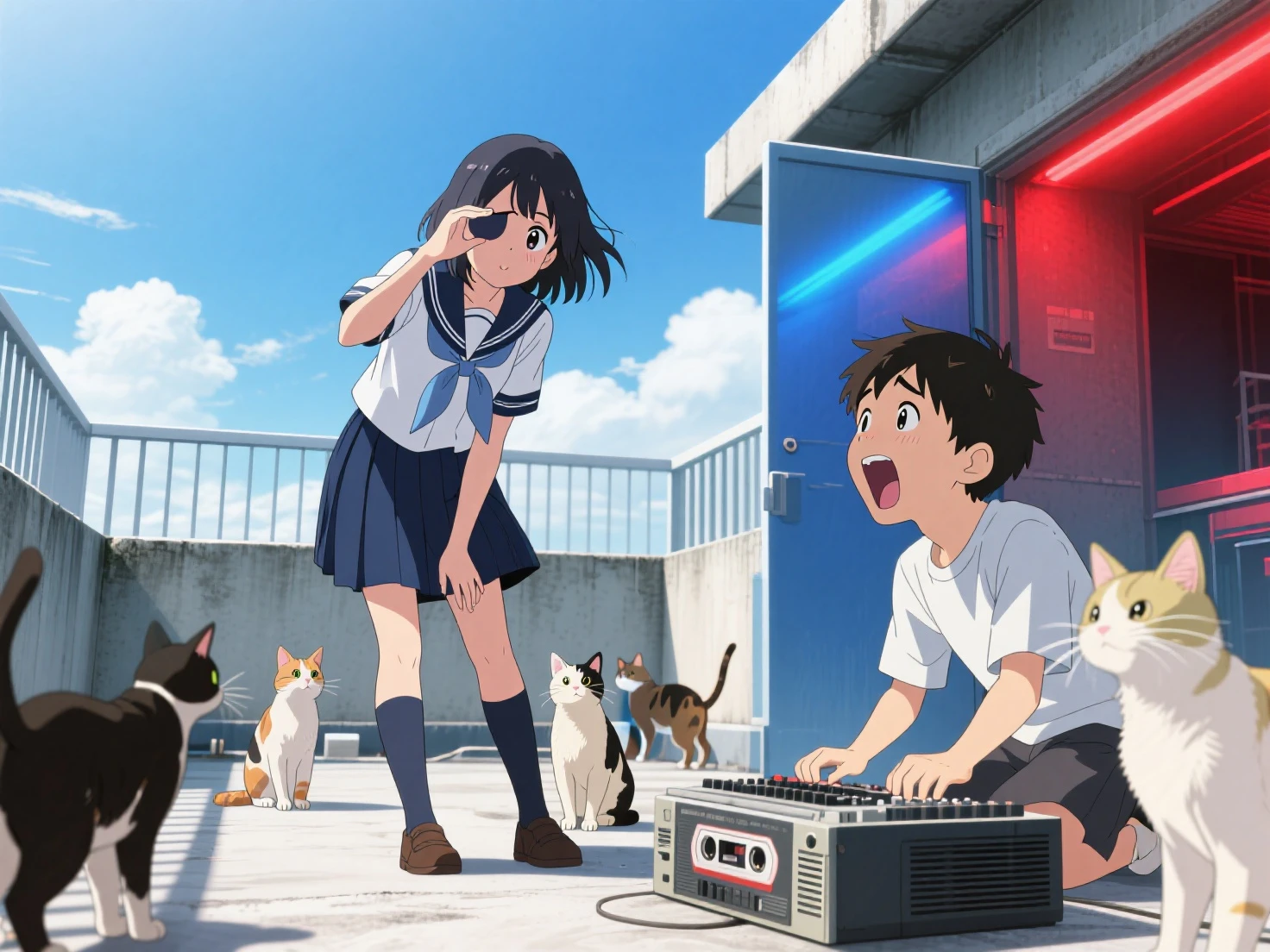 a little girl,black hair,white top,red shoes,Sitting at the door of the house,Outlook,The background is the sunset,There is an Akita dog next to him,