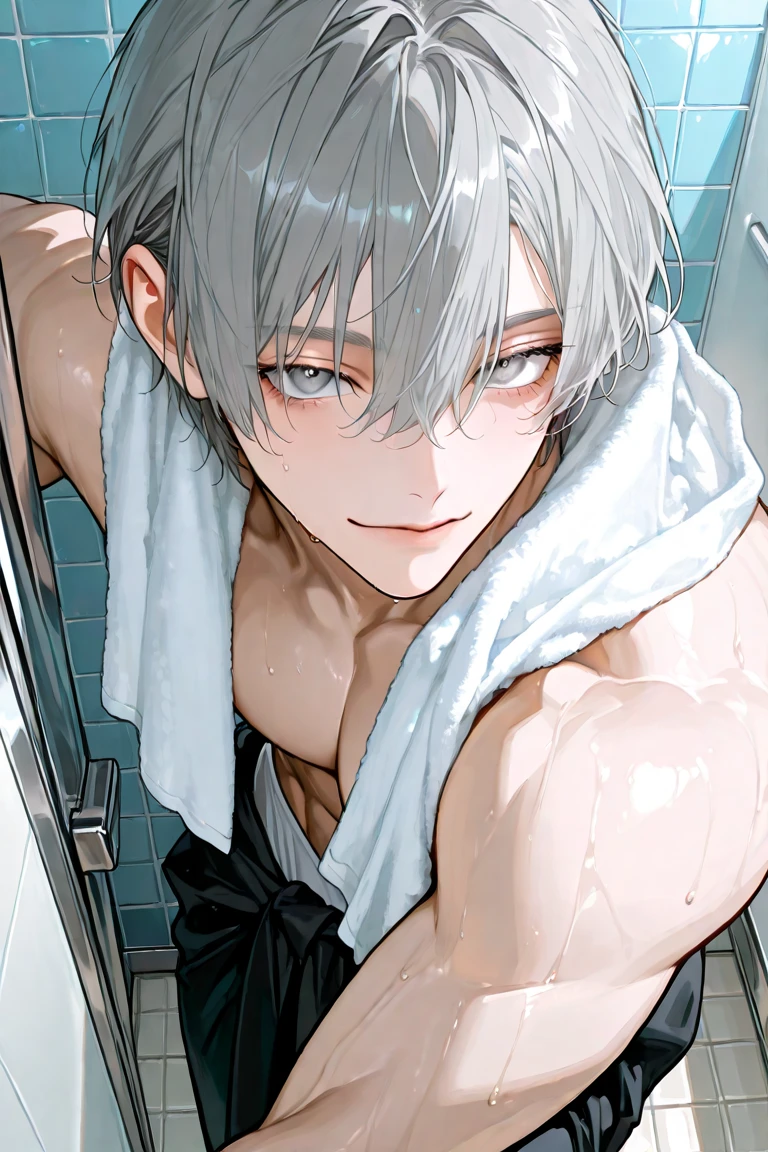 create panel in the art style of mo dao zu shi hybrid character with wolf ears,masculine and dominant gender, short wolfcut white hair , purple raven iris eyes,pale skin, inside a large public bathtub, sexy expression and slim defined body.