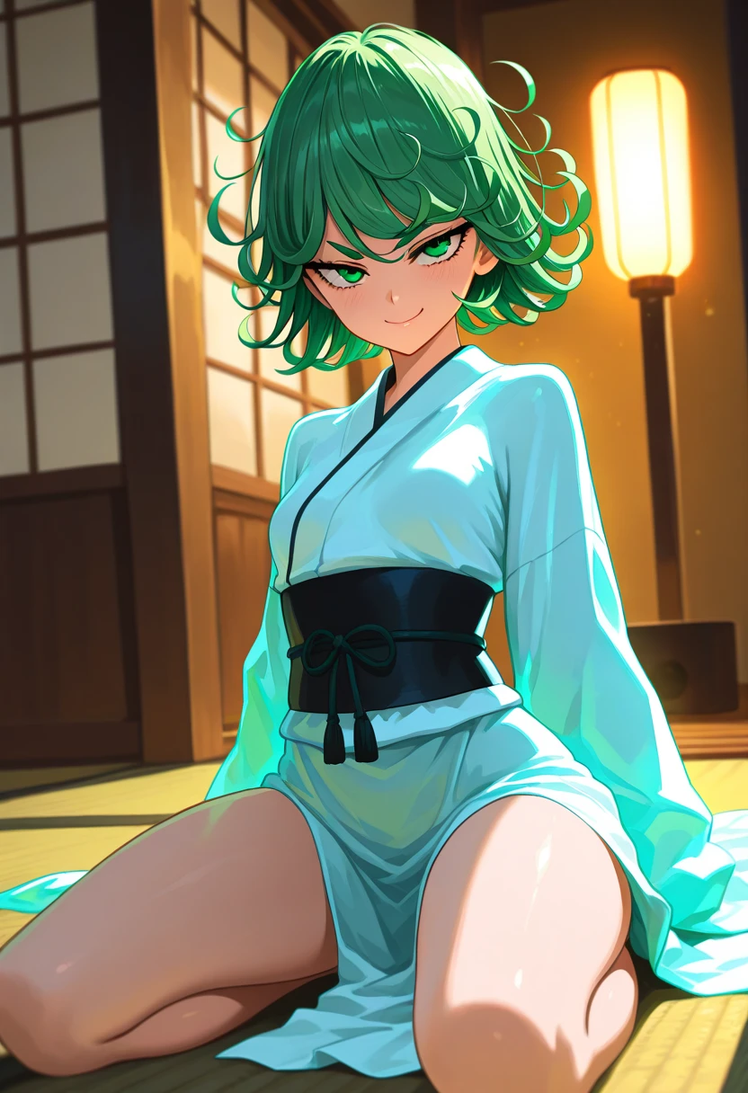 (Masterpiece, Best Quality:1.2), solo, 1girl, tatsumaki, unamused, closed mouth, looking a viewer, hand on our face, sitting, Short black kimono ,big thighs,crossing leg