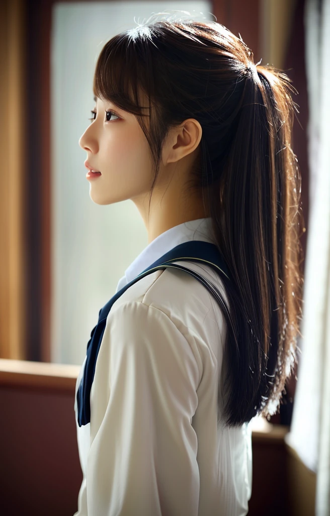 A 17-year-old high school girl wearing a high and with a slightly swollen face, but cute。Her bust size is D cup and her butt is big。She is 155cm tall and weighs about 53kg.。My eyes are focused.、Hairstyle: Ponytail。The pose is with her butt sticking out towards the viewer.。
