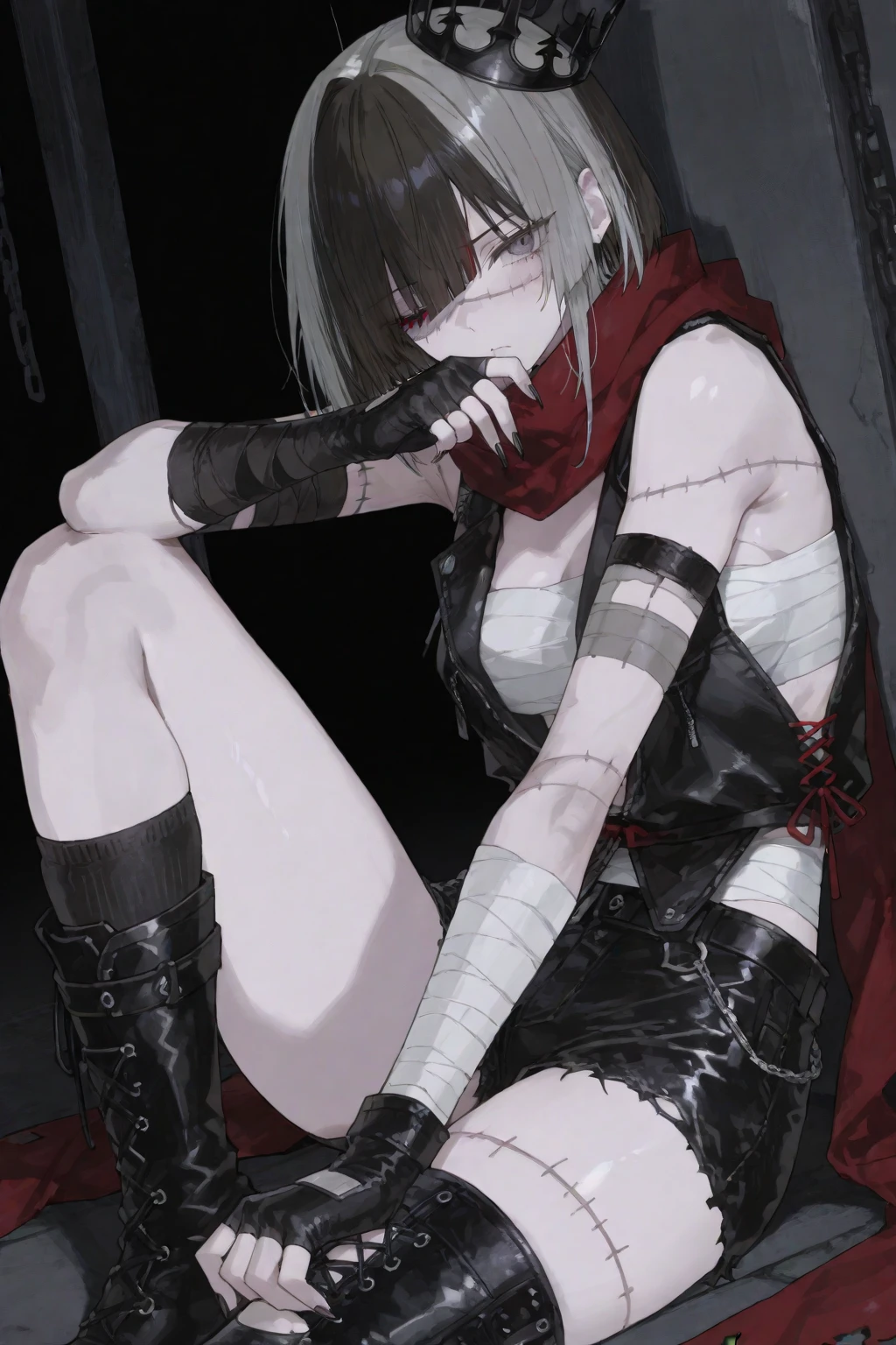 1girl, zombie, undead, white hair, stiches, ripped clothes, wasteland, dull eyes, turtleneck, cute