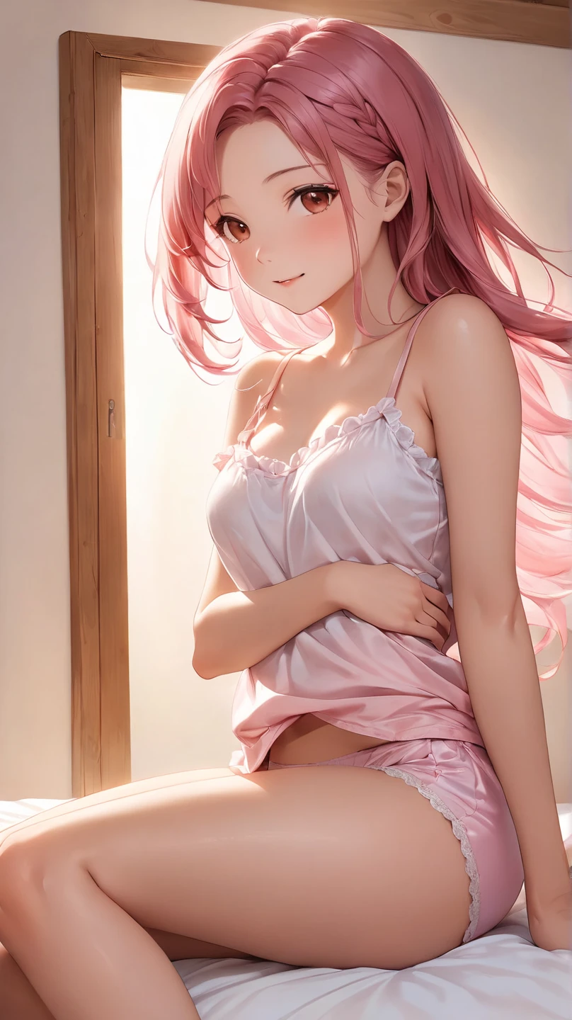 (Best Quality,High resolution,8K,finelity detailed background,Masterpiece:1.2),beautiful girl,Shiny pink hair,messy hair,Pink eyes,Gentle look,A refreshing look,Best quality,Best Quality,Aesthetic and aesthetic:1.2,Best details((Super detailed))(High-definition CG illustrations),cuteパジャマ,Slender body,night,Moonlight,Bedroom,On the bed,smile,blush,cute,Scrounge,Looking up,Being spoiled,super model,wariza,shoot from below