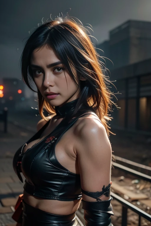 Gloomy girl, brunette, ponytail hairstyle, (zombie hunter), in a zombie hunter costume, neckline, standing against the backdrop of destroyed streets, looking at the viewer, gloomy lighting, dim light, depth of field, bokeh