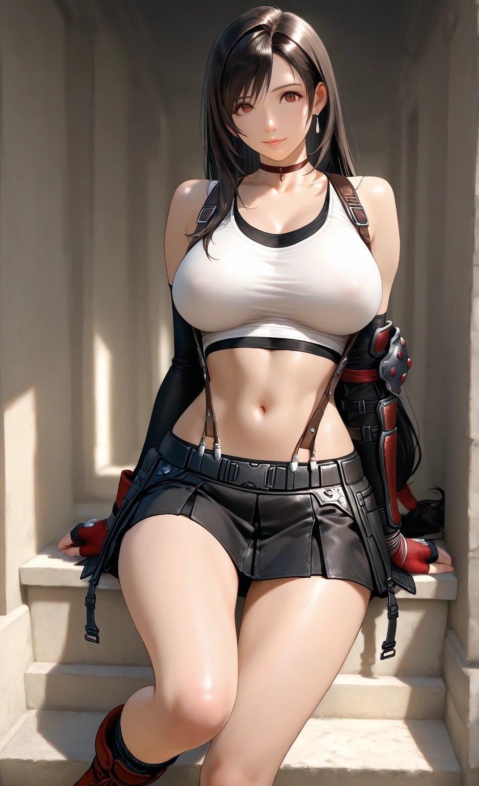 animetoreal,soft light, masterpiece, best quality,high quality,delicate face, realistic,1girl,full body, lying,tifa lockhart, final fantasy, white crop top, elbow pad, fingerless gloves, suspenders, pencil skirt, white tshirt, sexy look, short skirt, miniskirt, pencil skirt,botanical garden