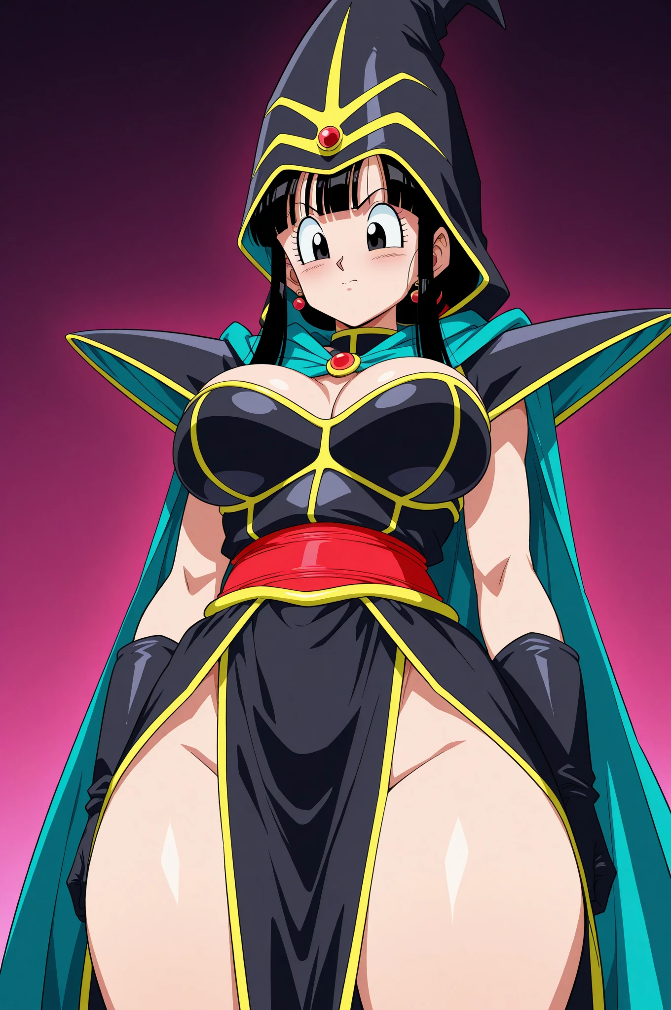 slayers, long hair,1990s (style),,retro artstyle,1girl, naga the serpent, armor, cape, circlet, gloves, jewelry, large breasts, blush, black hair, fit, toned, sweaty, shiny skin, close-up, looking at camera, looking up, open mouth, smug, skinny, long hair, full body standing, flipflops