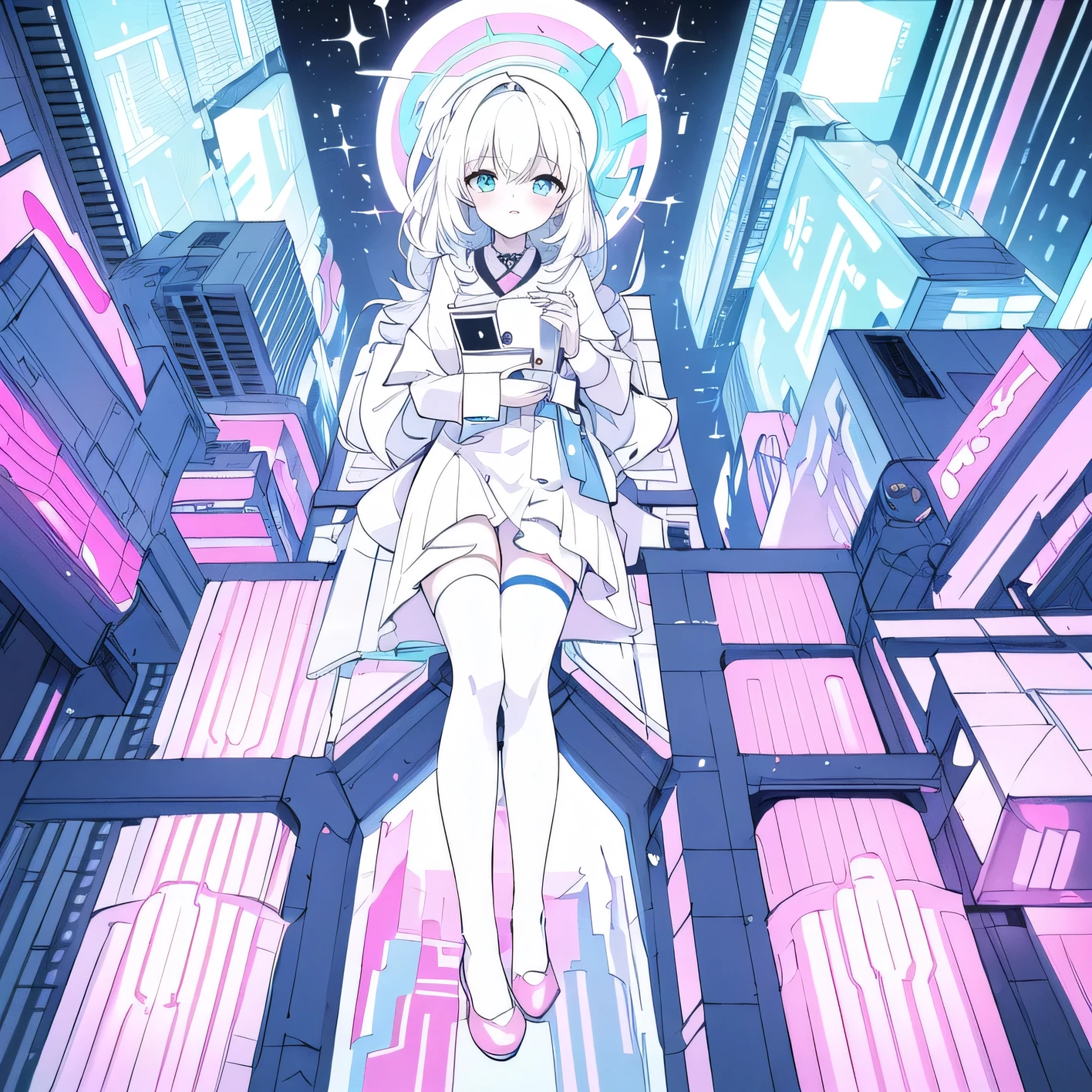 ((best image quality, masterpiece)), Modern civilized city, blue archive style city, (filled with white contrast instead of black), bright tone, glitters, glitters는 별들, auroras , bright color, ( Abstract Art :1.3), blue-pink pastel , Cinema Light , 8K resolution , 8K Wallpaper