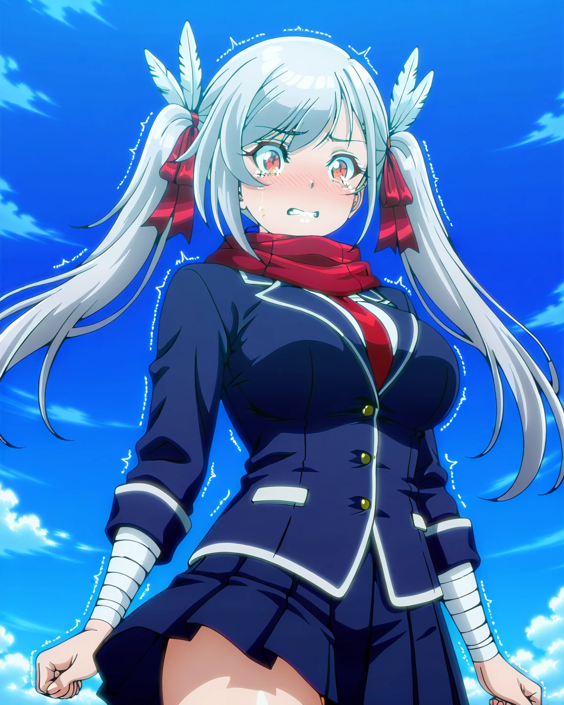 1girl, female focus, solo, big breasts, long hair, wavy hair, white hair, blue eyes, smile, gray jacket, red tie, white shirt, teal skirt, gray tights, boots, ice, snow background, light, cute, beautiful