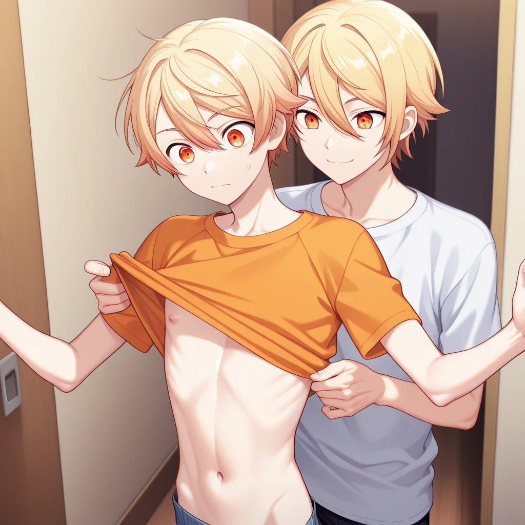 Highest quality, movie quality, two children of a gay couple, a licking nipples in the bedroom, a boy (10 years old, smallpenis，blonde and red hair, slender, upper body is naked, lower body is a jog strap, sweat and breath), the background is a night bed