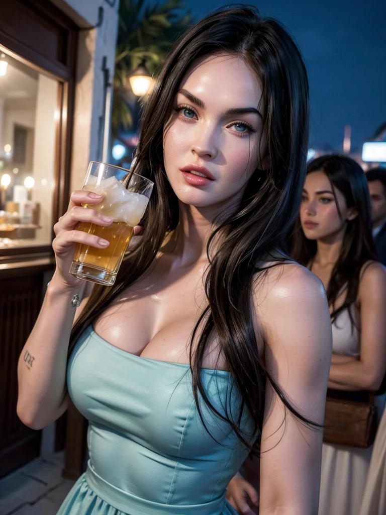 Best Quality, Masterpiece, Ultra High Resolution, (Realistic: 1.4), Original Photo, 1 Girl, Smiling and Bare Shoulder, Film Lighting, (Megan Fox: 1.2), Holding Vintage Camera, Cafe Style, Moody Lights, Red Head, Light Through Hair