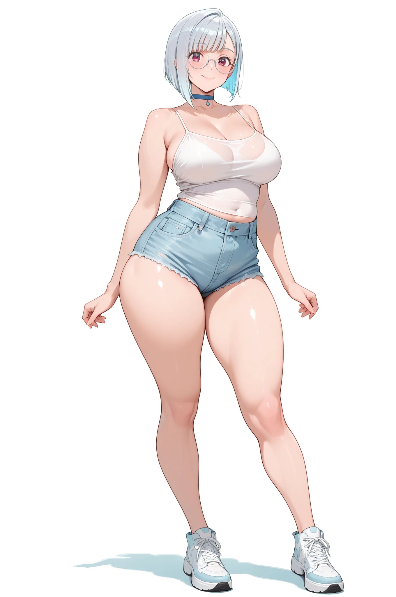 Full body standing upright on grass barefoot、Shortcuts、cute、20-year-old、Japanese、Big Boobs、White underwear、A little plump