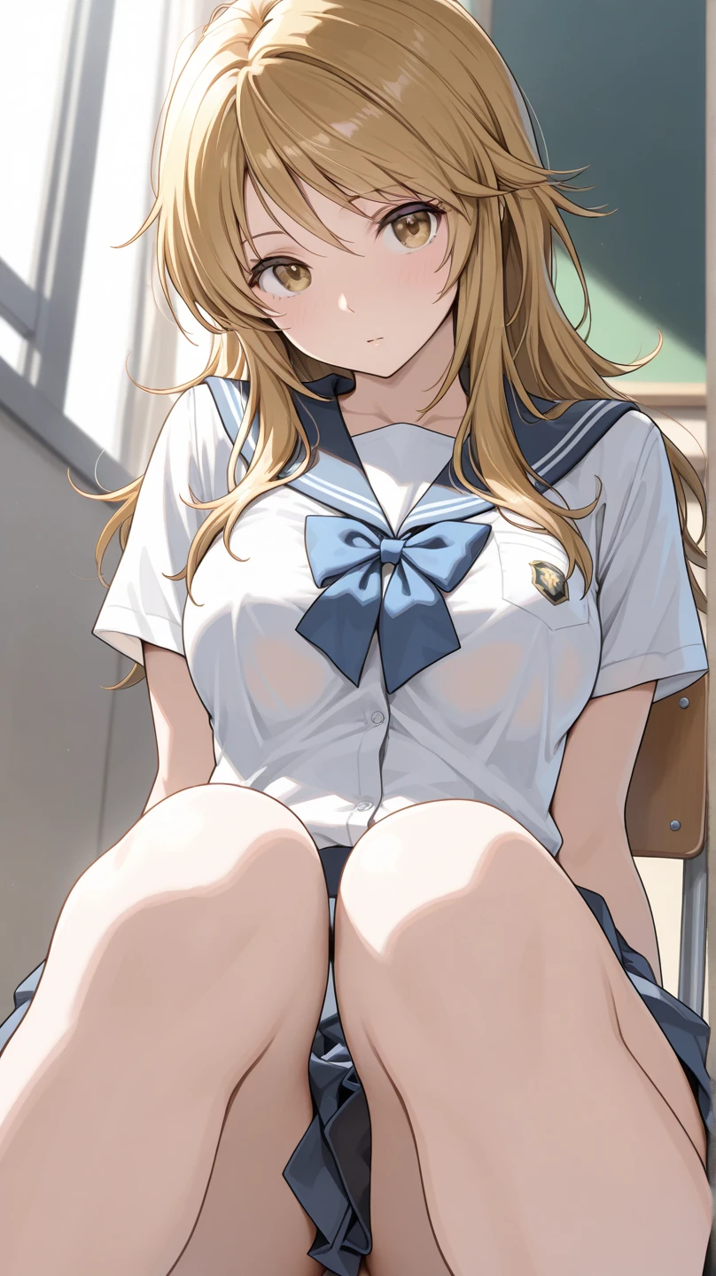 ((NSFW,NUDE,Boyish Woman,Sailor suit)),beautiful, masterpiece, Highest quality, Hello,One Girl, Look at the viewers, classroom, Wet skin,Leg spread,Embarrassed face,Sweat,Messy hairstyle,Blonde