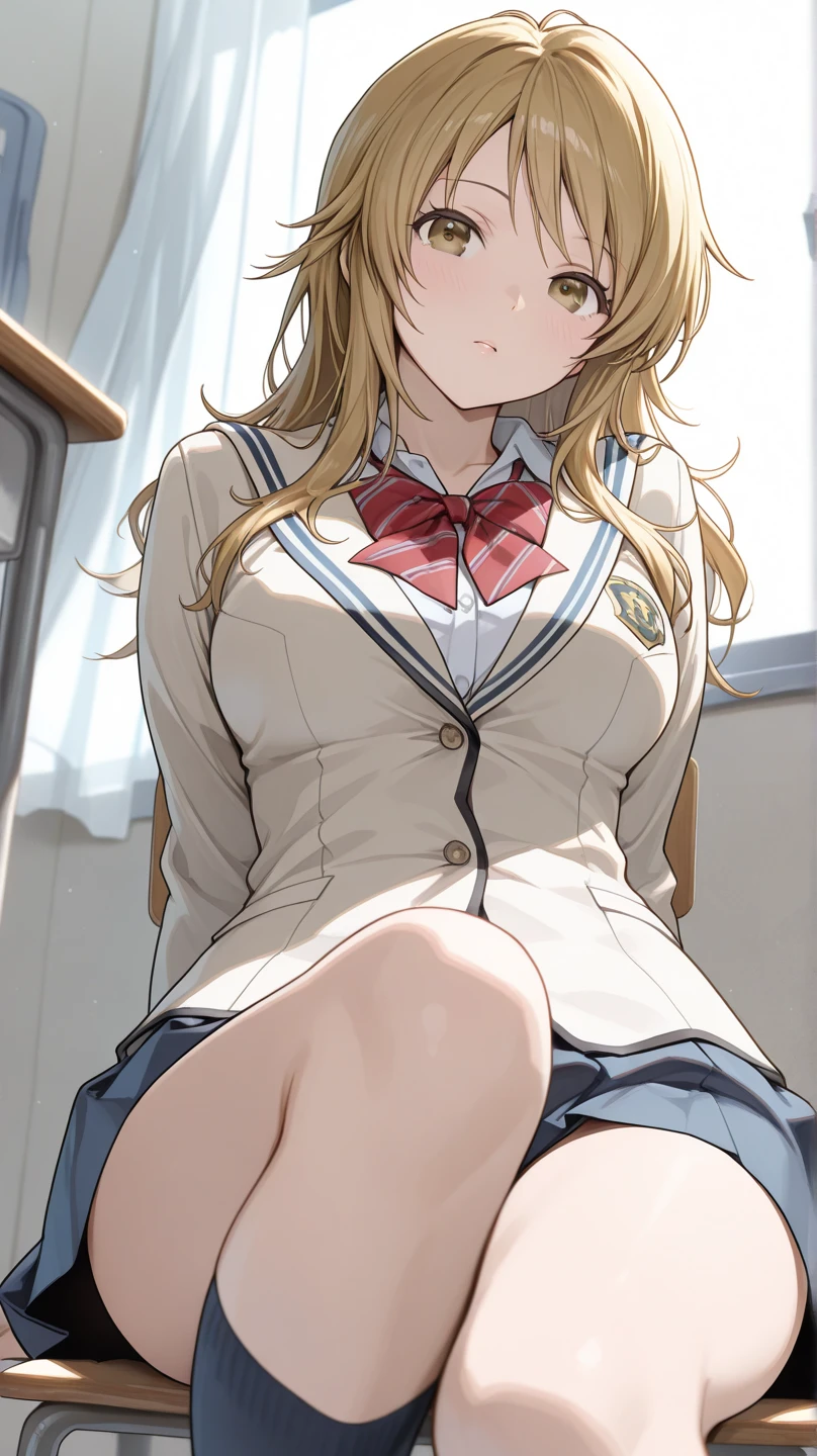 (((Sit with your legs apart、Shiny underwear、Shooting from below))、(((Accentuate your breasts)))、Highest quality, 8k, masterpiece :1.3)), whole body, Sharp focus :One Girl,Glowing Skin,SSexy pose,Highest quality,Tabletop,shape,Very delicate and beautiful,Hmph,8k壁紙,wonderful,In detail,Official Art,Very detailedなティッカーUnity 8k壁紙,Unbelievably ridiculous,Large file size,Very detailedな,High resolution,Very detailed,Beautiful detailed girl,Realistic,X-ray,The queue is full((((セクシーなNavy blue sailor suit、mini skirt)))、(((Big Breasts)))、(((School、Academy、classroom)))、Cleavage 、((Long golden hair、Panties worn))、Sexy pose、long hairstyle、hand2Book、Navy blue sailor suit、mini skirt、Rose Oriana、Ribbon on chest