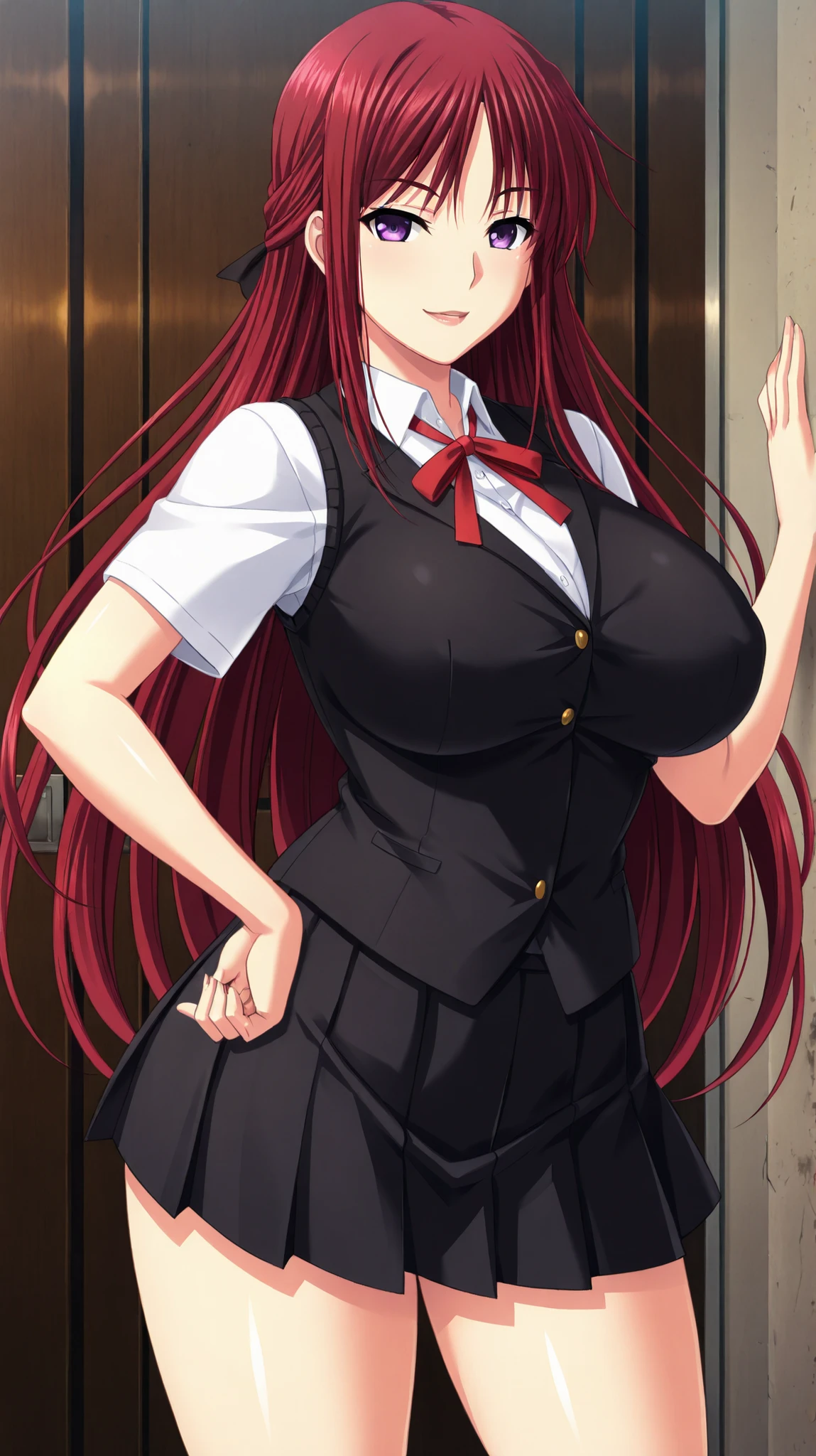 masterpiece, best quality, 1girl, long hair, looking at viewer, :3, cute, black school uniform, outdoors, streets, cowboy shot, large breasts, curvy, (((blue eyes))), rias gremory, red hair, antenna hair, wavy hair, ((beautiful detailed eyes, beautiful detailed glow, lots of glow))