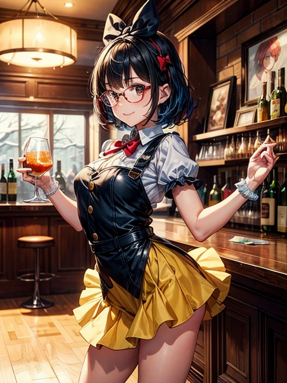 a 20 yo woman、Black blue Hair、Bery short hair、Big smile、(hi-top fade:1.3)、dark themed、Muted Tones、Subdued Color、highly contrast、(natural skin textures、Hyper-Realism、Soft light、sharp)、Best Quality, 超A high resolution, (Photorealistic:1.4), 1womanl, sleeveless white button shirt, Black skirt, Black Choker, ((Glasses)), (Kpop Idol), (aegyo sal:1), (Platinum blonde gray hair:1), ((Puffy eyes)), Looking at Viewer, Full body, Flowers、Full body, (a bar counter、shop front:1.4)、deep-shadows、Beautiful face with detailed face and eyes、blurry backround、20-year-old beauty、shinny skin, Beautiful wavy golden hair、 poneyTail、Beautiful face with blue eyes、blurry backround、 Bunny Girl、High-cut leotards、a bow tie、White cuffs、Thighs wrapped in fishnet stockings Rabbit ears are missing、Have a tray of liquor、crouching down、An embarrassed smile with an open mouth、Curve、