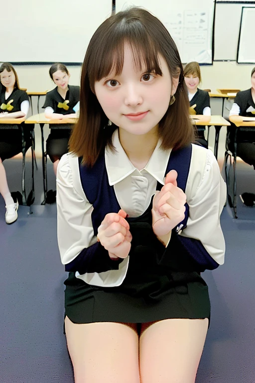top-quality、Top image quality、​masterpiece、fully body photo、18yo woman、Dark brown shorthair、bangss、((Schoolgirl Uniform))、 ((no-bra、Puffy nipple、))、soft boob、breasts of medium size,、Kamimei、 Shy laughter、school classrooms、sit a chair、Flip the skirt with your hands、Show panties、((Grasp your breasts with both hands over your clothes、open one's legs、Open both knees))