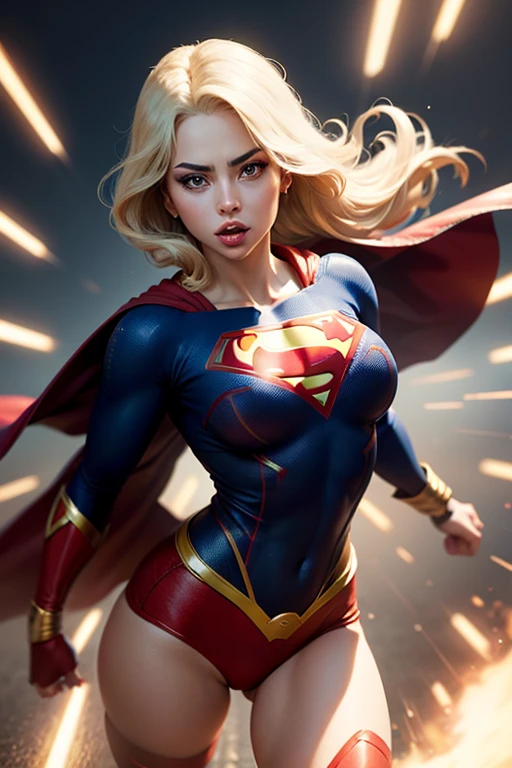 ((highest quality)), ((masterpiece)), (be familiar with), (High definition), (Realistic), (Realistic), (Best Shadow), Low contrast, (Complex:1.4), Side lighting, 8K, ((Helen Slator)), ((SUPER GIRL)), Perfect Face、Detailed、(Accurate hand and finger depiction)、supergirl women、Blonde、Voluptuous body、big breasts、Narrow waist、Big Ass、Alluring、glamorous、((doing a high kick:1.4))、Tokyo Tower、Night view