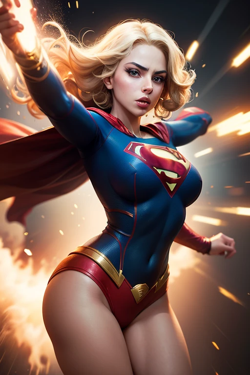 ((best quality)) ((Ultra Detalhado)) ((supergirl)) ((foto do corpo inteiro)) (( botas vermelhas)) ((com da roupa da supergirl)) ((rosto detalhado)) ((blue swimsuit)) ((big tits)) ((cabelo longo laranja)) ((cabelo longo sedoso)) ((nami one piece)) ((corpo atletico)) ((olhos atraentes)) ((sharp eyes)) ((corpo magro)) ((High-resolution shadows)) ((cores atrativas)) ((pulseiras de ouro)) , Apertado ,capa vermelha, symbol of superman, sombras claras, Pose sexy, in space with the planets behind.