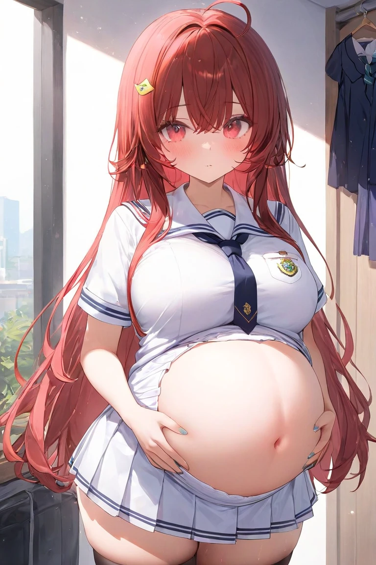 2 Asian girls, both farting together side by side, desperate to poop, farting while sitting in car, sitting down, wearing skirt and uniform, stomach bloated, hangs holding stomach, pained expression, shocked and embarrassed, mouth open in shock, sweating, blushing, beautiful and cute face, anime art style, fit body, tall and thin, view from back