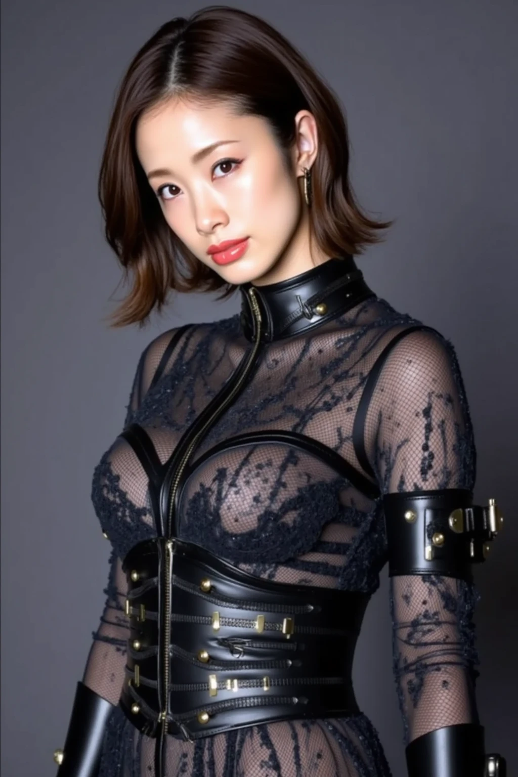 (masterpiece:1.2), ultra detailed, ultra high res, (realistic, photo realistic:1.37), high detail RAW color photo, professional photograph, an extremely delicate and beautiful, extremely detailed, 8k wallpaper, Amazing, finely detail, huge file size, extremely detailed beautiful girl, extremely detailed face, extremely detailed eyes, extremely detailed skin, extremely detailed fingers, extremely detailed nose, extremely detailed mouth, perfect anatomy, highly detailed background, (a famous actress of Japan:1.2), (gyaru:1.1), (flat chest:1.6), Dynamic lighting, bondage, rubber, leather corset, harness, Knee-high boots, BDSM, (dark room), from below, look down, armpit,