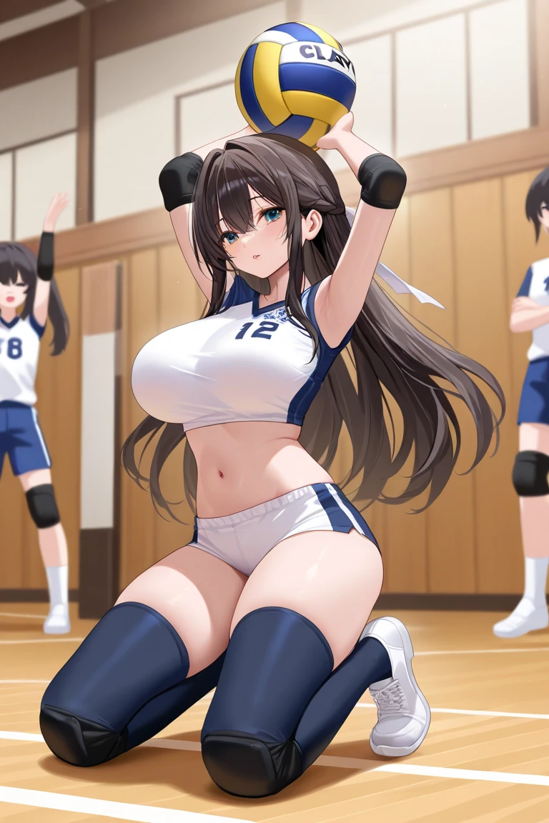 (8k, Ultra-high resolution, Highest quality, Tabletop:1.2),(18-year-old:1.2)、(avert your eyes)、8k、Japanese、a vivid 、beautiful portrait、Realistic、Ultra-high resolution、Highest quality、 (Quite large breasts、Toned and slim body:1.2)、(Volleyball Club、Volleyball Uniforms、High leg bloomers、Long black hair, One Length:1.5)、(Quite large breasts、Lots of teammates、Cute Smile:1.7)、Camel Toe、Giant tit、Nipple Puffs、Cleavage、Plump、Super big breasts、Super big butt、Bubble butt、Tight uniform、、((pose partially visible vulva))、Team Ace、See-through、Sweaty clothes