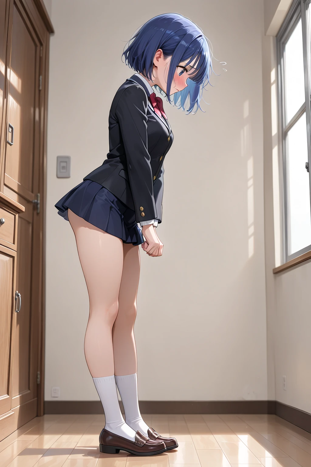 (masutepiece, Best Quality, Ultra-detailed, 8K, ), ((Perfect hands)), ((Perfect ???????)), medium cleavage, concrete abandoned building、 ((Attractive anime 1 girl)), ((Rei Ayanami)), ((Capturing her ethereal beauty with pale skin, The dense indigo short hair is impressive)),clean detailed faces、Look at viewers、 ((Bright red eyes)), ((Junior high school uniform))、((white panties), ((medium shot, From below)), Kamimei ,too much ???, (??? on facial),