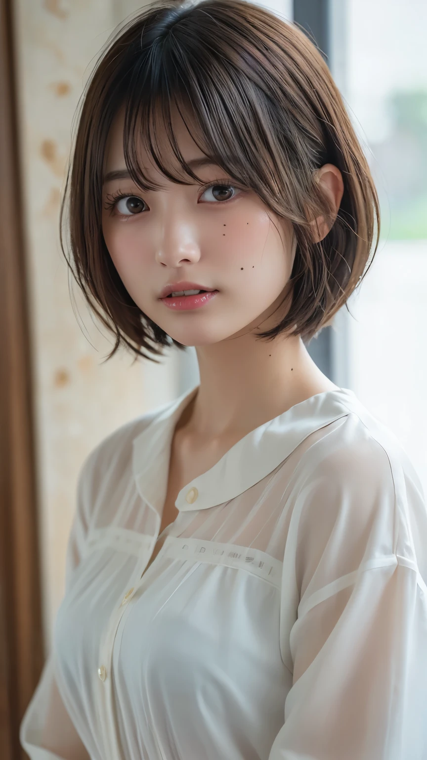 (Highest quality、8K、32k、masterpiece、Hmph:1.2)、Cute Japanese Women Photos、Long sleeve dress、Very short hair、Photographed in natural light、whole body、Surface Focus、Simple Necklace、In front of a white door、From above、Looking at the audience、Mix 4、(8K、RAW Photos、Highest quality、masterpiece:1.2)、(Realistic、Photorealistic:1.37)、1 Girl、Photon Mapping、Physically Based Rendering、good looking、Excellent image quality、High resolution、1080P、(Beautiful face)、(Detailed facial depiction)、(Detailed explanation of the hand setter muscle parts)、(Detailed CG)、Dirty hair、masterpiece、Rich details、(exquisite features)、(Best image quality)、(masterpiece)、(Detailed eyes)、I look forward to seeing you、Delicate clavicle、Various poses、Swimwear、Provocative、Lots of exposure