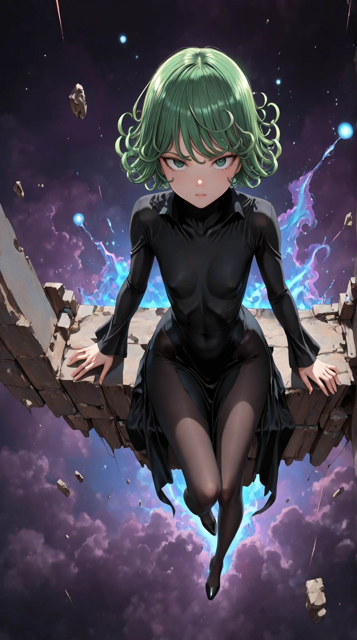 masterpiece, best quality, anime girl with green short curly hair wearing a black outfit, tatsumaki from one punch man, tatsumaki, both hands straight above head, showing Armpit, detailed Armpit, detailed body, detailed face, detailed eyes, hands on her curves, disgustes face, annoyed look,