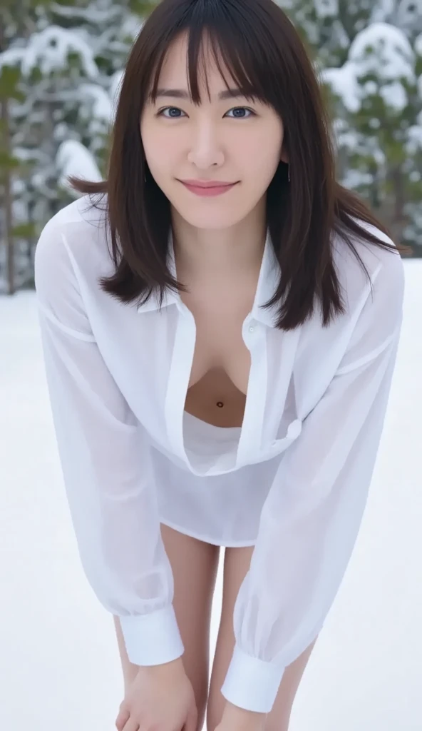 ((nsfw)), best quality, ((masterpiece)), black hair, ((blue eyes)), looking to viewer, hairline, ((porcelain white skin, natural white skin, realistic white skin, skin texture is natural, the pores are, must be detailed enough to be easy to identify, top-quality, masterpiece:1.3, a high resolution)), (ultra-detailliert)),16k, hot, sexy, big, ((180cm)), curved body, ((unbuttoned white shirt)), full bodyesbian, thick thighs, perfect body, full viewing angle, perfect body, ((undress, without clothes, without underwear, remove clothes, nude sexy)), perfect lower hip, perfect high hip, perfect nipples, perfect pussy, perfect vagina, (((pubic hair, high mons pubis))), hug breasts, perfect nipples, perfect breasts, pose, beautiful sexy, S-shaped body, hips upturned, posing, posing, different perspectives, (( catwalk, snowy mountain background))