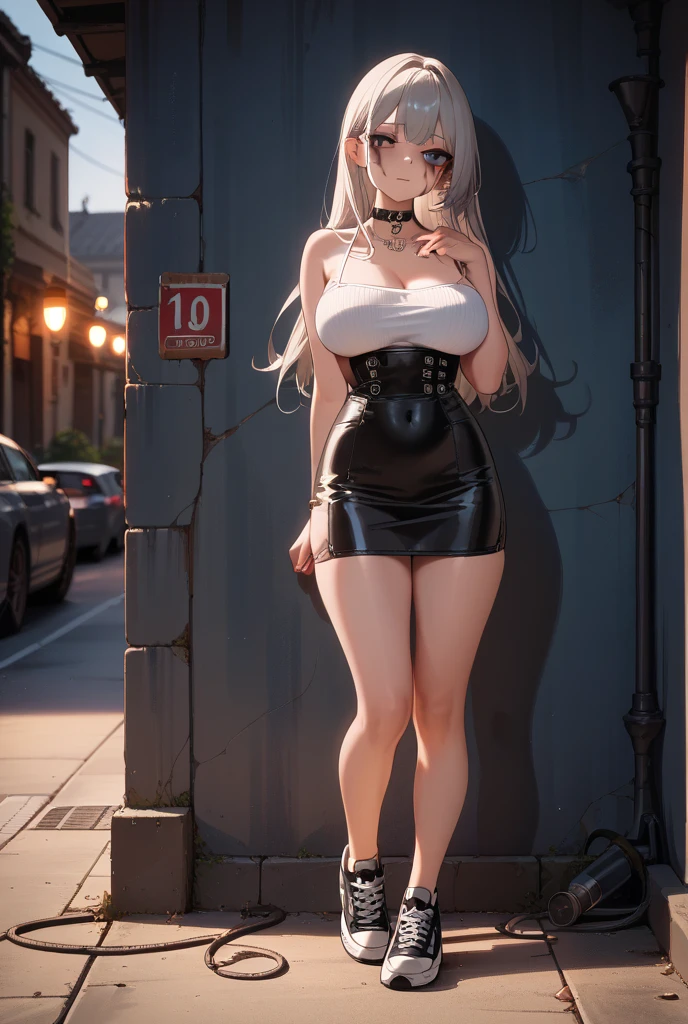 (masterpiece) Mulher, vestindo (( top esportivo de couro preto e vermelho, black leggings and a pleated leather skirt, jaqueta de pele longa, bota de cano alto com salto, holding a book in one hand and a glass of wine in the other)) , Appearance ((cabelo negro preso em um cabo de cavalo alto, modelo plus size, olhos castalhos brilhantes, olhos detalhados, labios vermelhos)), ambiente, andando em uma rua enoevoada ao por do sol