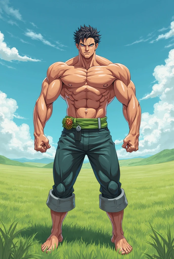 (Eine detaillierte Zeichnung von broly , Bodybuilding-muskelstrand.), With bare upper body, Kleidung boxershorts, the strongest of all, huge muscular body, big Bizeps, large shoulders, Muskelbeine,Abs, barefoot, Toes , Full body image , flexing muscles on the Beach