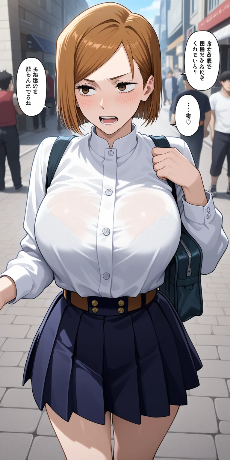 masterpiece, best quality, detailed face, detailed eyes, solo, 1girl, light brown hair, green eyes, short hair, HUBianca, curvy, huge breasts, school uniform, indoors, hallway, school, smile, hair ribbon, cowboy shot