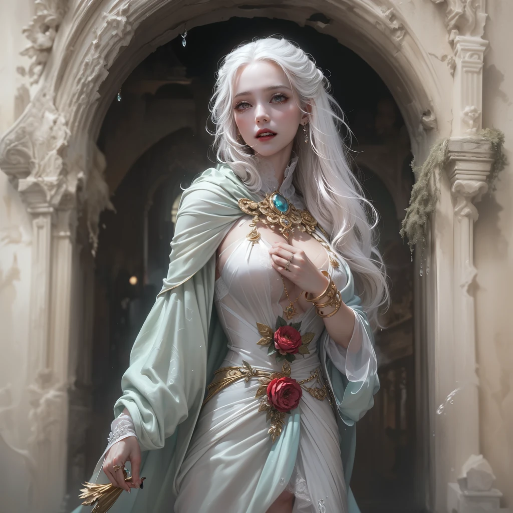 arafed a picture of elf vampire in her castle. an exquisite beautiful female elf vampire (ultra details, Masterpiece, best quality), (bloody mouth: 1.3), dynamic hair color hair, pale skin, hair in a ponytail, long hair, blue eyes, small pointed ears, cold eyes, smirking, wearing white dress (ultra details, Masterpiece, best quality), red cloak, in dark fantasy library, book shelves, arafed high details, best quality, 16k, [ultra detailed], masterpiece, best quality, (ultra detailed), full body, ultra wide shot, photorealism, RAW, dark fantasy art, gothic art, ArmoredDress, Dark Novel, Dark Art Painting Style, dripping blood, goth person