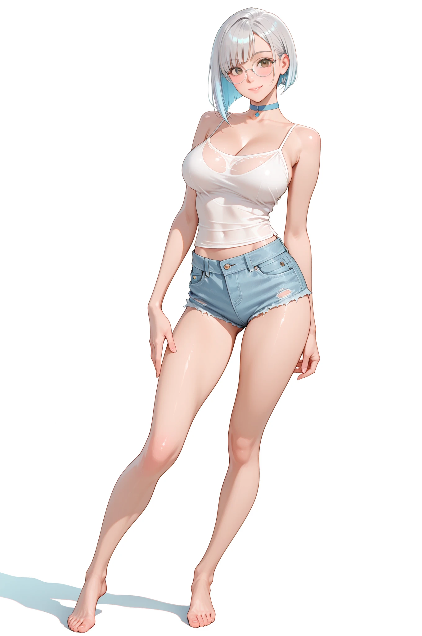 Wet Tia is shown to have a fairly slender figure. She has white-grey hair , she has short hair and large pale green eyes. wearing a very torn transparent wet shirt and torn very short denim shorts Very heavy rain Realistic sunken city Super quality