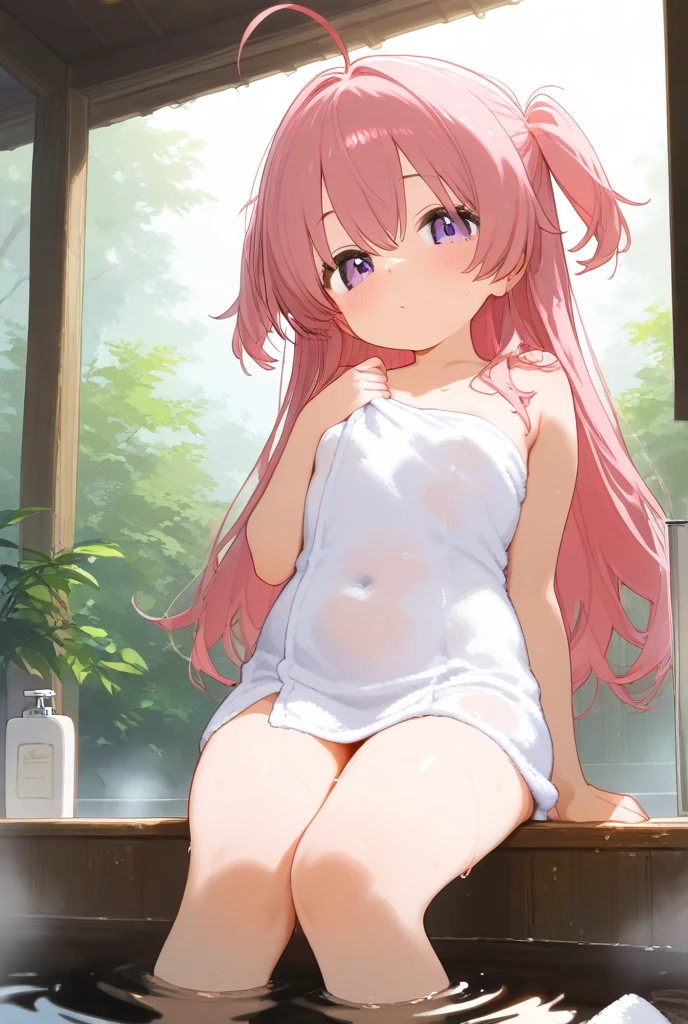 4K anime,1girl, solo, 170cm height,mitsukasa ayase, Smaller,70CM bust,With bare arms,A high resolution,Realistic, 1wall, wide angle,1girl, long hair, shy, embarrassed, blushed, wide angle, POV, (white bra, white panty), light rays, glow, (masterpiece), wallpaper,Full body like,Bareleged,Barefoot,In an indoor hot spring,Damp underwear,Damp body