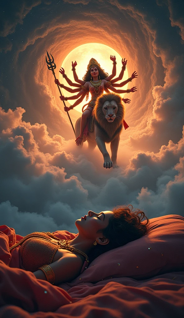 Sleeping Indian man and dream on durga devi