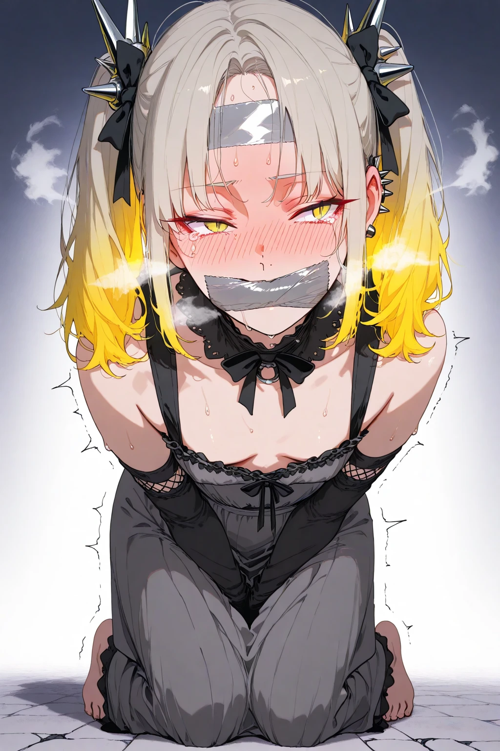 Shiny blond hair, very long hair, sophisticated haircut, ((((hair fully braided)))), ((small twisted braids)), thin and oval face, submissive, (((gagged))), ((((black tight latex crop top)))), ((((tight latex skirt)))), cute and blushing 18 years old anime girl, look away because she is embarrassed and blushes, bright blue eyes, detailed face, detailed members, detailed arms, detailed hands, ((((sparkling diamond jewelry)))), tiara, ((makeup)), high heels, puffy sleeves, long gloves, long eyelashes, Girl lying, tied by ropes, shackled, can no longer move, tied tightly, very hard tied up with lots of ropes, hampered by so many ropes that she can no longer move, bound hands and feet, ropes tie his whole body, tied extremely tightly and forcefully to her bed by a lot of ropes, its limbs are strongly tied together by ropes, his torso is tied up with thick cords, her chest is so tied up with ropes that it sticks out, her legs are tied tightly with thick ropes, his hands are tied behind his back with ropes, she can no longer move her feet, her hands which are tied by thick ropes, she desperately tries to free herself, likes to be tied tight with big ropes, likes to be immobilized by big ropes, lying down, his hands and feet are strongly tied to the railing of his bed, his legs are pressed together and tied with ropes, its limbs are held vigorously by imposing ropes, her hands are tied securely behind her back by ropes, her chest is compressed by strong ropes, she is pressed against her bed and restrained by large ropes (shibari, arms behind the back:1.4), (hands on the back), (masterpiece, best quality) 1.5, 1girl, solo, (sexy, beautiful woman, perfect face, perfect eyes, perfect hands), samus aran, (shibari, arms behind the back:1.4), (hands on the back), Spread the legs, s' ((lie in bed by big ropes)), ((close up of the girl)), ((((lie in bed))))